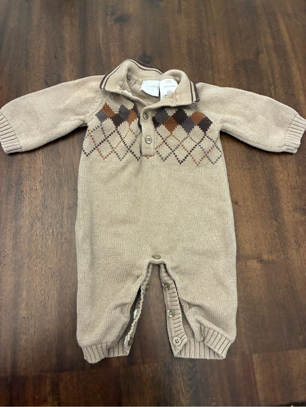 Koala Baby Boutique Argyle Sweater Romper Baby 3-6 Months Tan Brown 100% Cotton